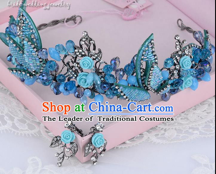 Traditional Jewelry Accessories, Palace Princess Bride Royal Crown, Engagement Royal Crown, Wedding Hair Accessories, Baroco Style Crystal Blue Headwear for Women
