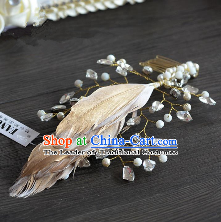 Traditional Jewelry Accessories, Princess Hair Accessories, Bride Wedding Hair Accessories, Headwear, Baroco Style Crystal Feather Hair Claw for Women