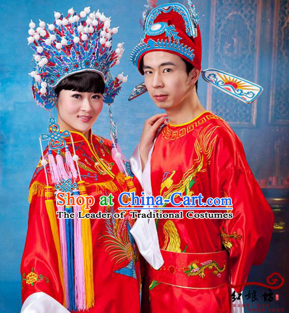 Traditional Chinese Wedding Dress Bride Groom Men Women Ancient Chinese Princess Prince Phoenix Coronet Shawl Zhuang Yuan Headwearing