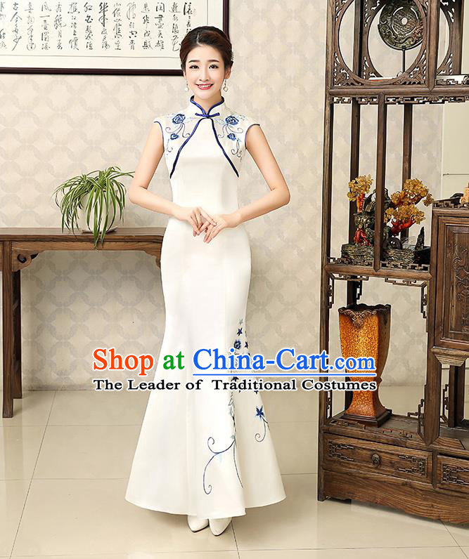 Ancient Chinese Costumes, Manchu Clothing Qipao, Improved Long Silk Cheongsam, Traditional Fish Tail Cheongsam Wedding Toast Dress for Bride