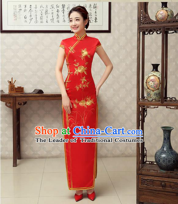Ancient Chinese Costumes, Manchu Clothing Qipao, Improved Mandarin Collar Embroidered Silk Long Cheongsam, Traditional Red Cheongsam Wedding Toast Dress for Bride