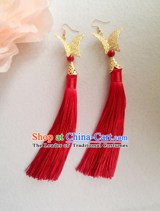 Chinese Wedding Jewelry Accessories, Traditional Xiuhe Suits Wedding Bride Earrings, Ancient Chinese Red Tassel Butterfly Earrings