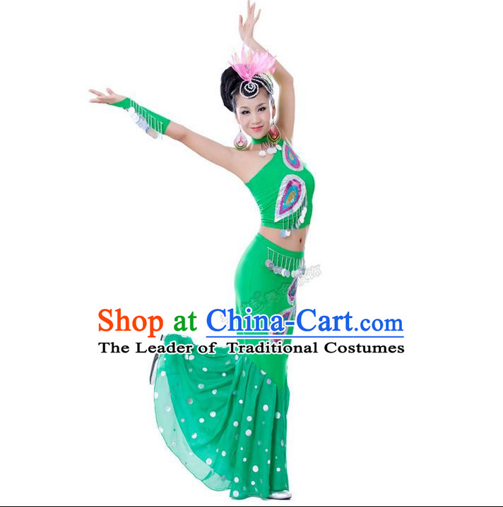 Traditional Chinese Dai nationality Peacock Dancing Costume, Folk Dance Ethnic Costume, Chinese Minority Nationality Dancing Costume for Women