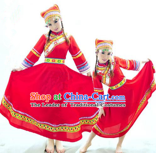 Traditional Chinese Qiang Nationality Dancing Costume, Qiangzu Female Folk Dance Ethnic Pleated Skirt, Chinese Qiang Minority Nationality Embroidery Costume for Women