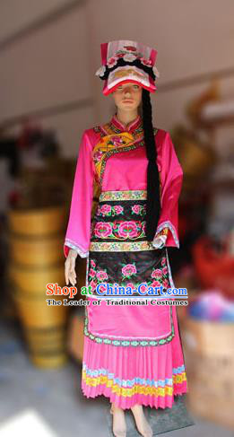 Traditional Chinese Qiang Nationality Dancing Costume, Qiangzu Female Folk Dance Ethnic Sealand Karp Pleated Skirt, Chinese Minority Qiang Nationality Embroidery Costume for Women