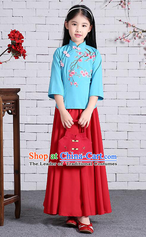Chinese Traditional Dress for Girls Long Sleeves Kid Children Min Guo Clothes Ancient Chinese Costume Stage Show Blue Top Red Skirt