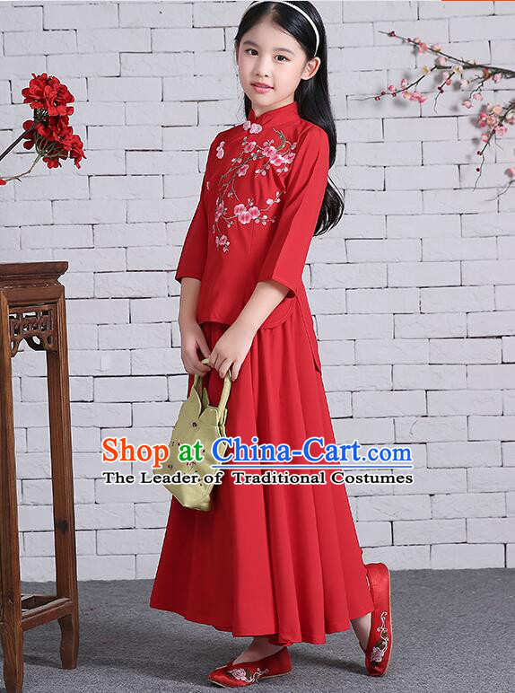Chinese Traditional Dress for Girls Long Sleeves Kid Children Min Guo Clothes Ancient Chinese Costume Stage Show Red