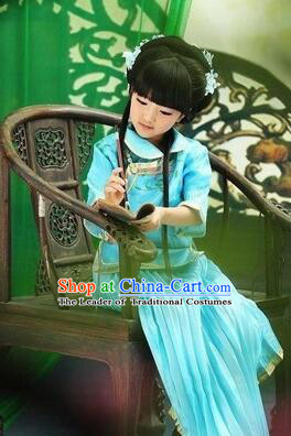 Min Guo Girl Dress Traditional Chinese Clothes Ancient Costume Tang Suit Children Kid Show Stage Wearing Dancing Blue
