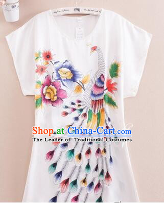 Night Suit for Women Night Gown Bedgown Leisure Wear Home Clothes Chinese Traditional Style Large Peacock White
