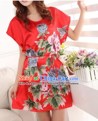 Night Gown Women Sexy Skirt Night Suit Nighty Bedgown Peony Red