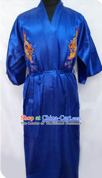 New Style Kimono Dragon Embroidered Chinese Loong Dragon Men Night Gown Leisure Clothes for Emperors Blue