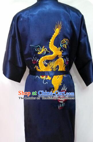 New Style Kimono Dragon Embroidered Chinese Loong Dragon Men Night Gown Leisure Clothes for Emperors Dark Blue