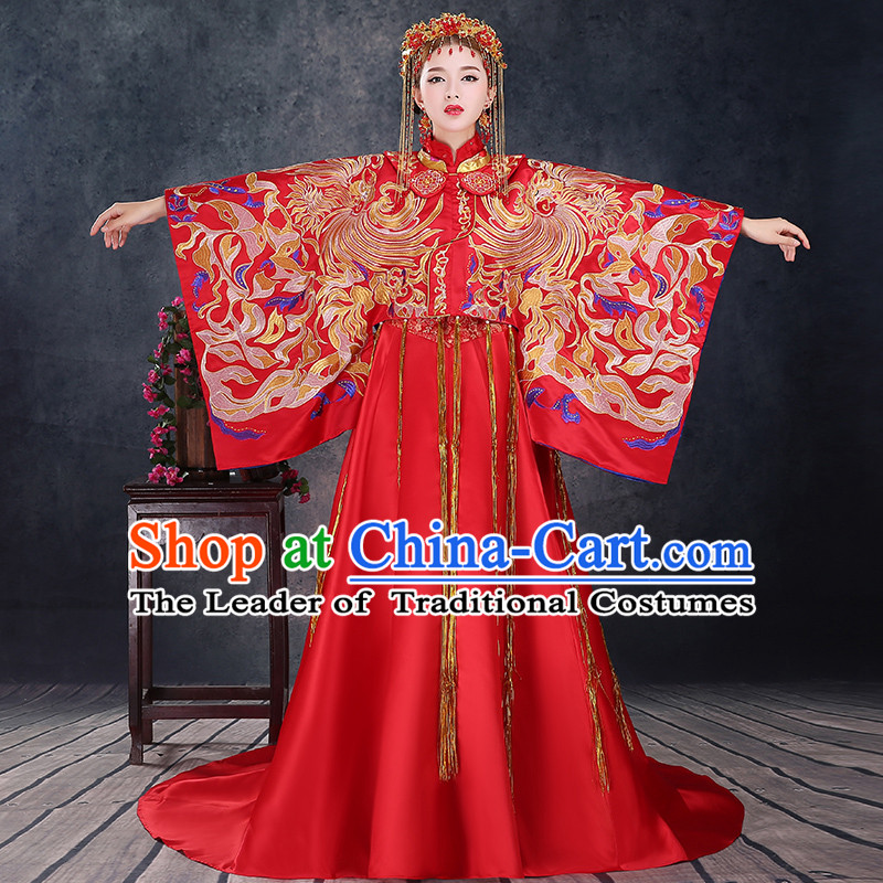 Ancient Chinese Costume Xiuhe Suits, Chinese Style Wedding Dress, Red Restoring Ancient Women Longfeng Dragon And Phoenix Flown, Bride Toast Cheongsam
