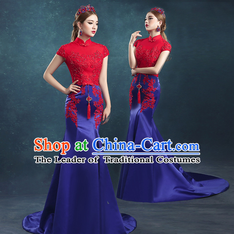 Ancient Chinese Bride Toast Clothing, Cheongsam, Red Long Fishtail Wedding Dress, Traditional Female Chinese Style Bottom Drawer For Women