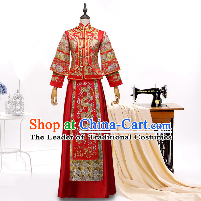Ancient Chinese Costume, Xiuhe Suits, Chinese Style Wedding Dress, Red Ancient Women Longfeng Dragon And Phoenix Flown, Bride Toast Cheongsam