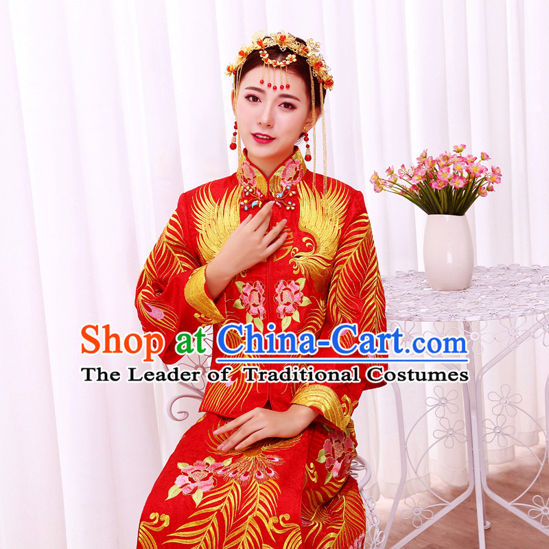 Ancient Chinese Costume, Xiuhe Suits Traditional Wedding Dress, Red Women Longfeng Dragon And Phoenix Flown, Bride Toast Cheongsam