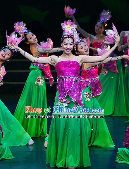Chinese Classic Lotus Flower Dance Costumes and Headdress Complete Set for Women