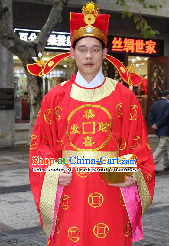 Asian Chinese Legend Cai Shen Money God Long Dresses Hanfu Costume Clothing Chinese Robe Chinese Kimono and Hat Complete Set for Men