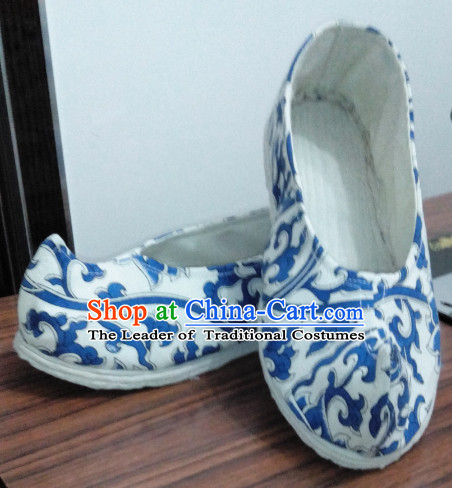 White Blue Chinese Ancient Handmade Traditional Bow Fabric Shoes for Women and Girls