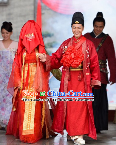 Ancient Chinese Brides and Bridegroom Wedding Dress Authentic Clothes Culture Han Dresses Traditional National Dress Clothing and Headpieces 2 Complete Sets
