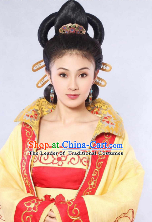 Ancient Chinese Traditional Style Queen Black Female Full Wigs and Hair Jewelry Set