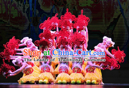 Chinese Red Knot Dance Costumes and Hat Complete Set