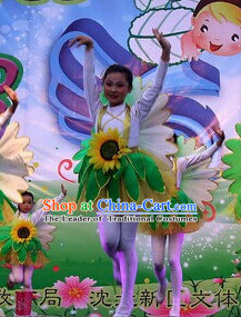 Chinese Primary School Students Sunflower Dance Outfits Costumes Complete Set for Kids Girls