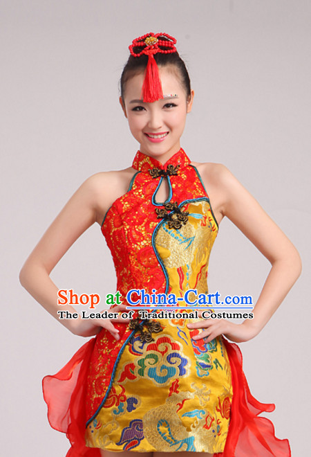 Chinese Folk dancing Costumes Traditional Chinese Fan Dancing Costume Ribbon dancingwear and Headwear