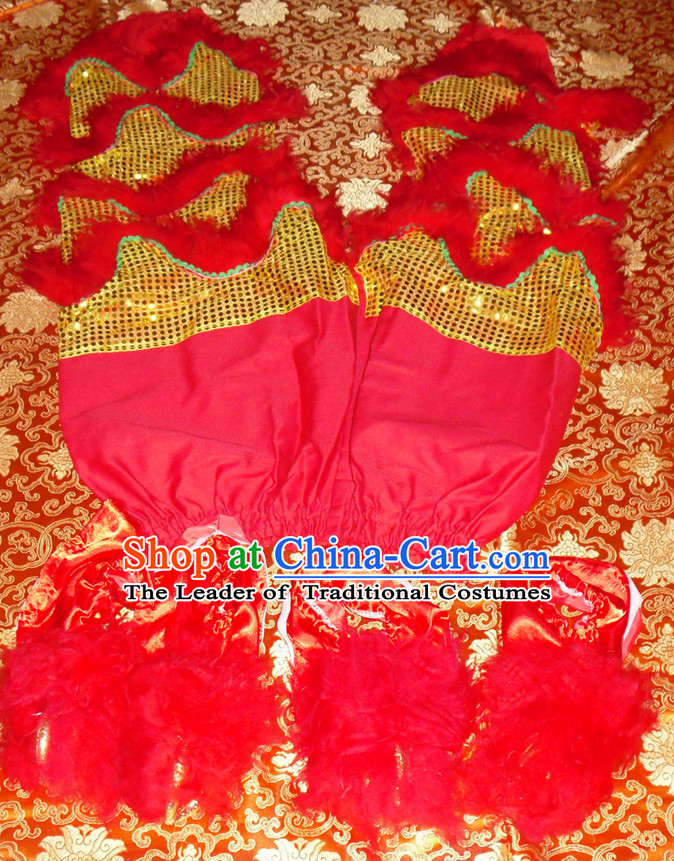 Gold Color Red Wool Top Asian Chinese Troupe Performance 2 Pairs of Lion Dance Pants and Claws