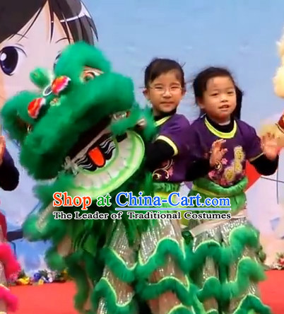 Green Top 100_ Natural Long Wool Elementary Lion Dance Costumes Complete Set for Kids Children Boys Girls