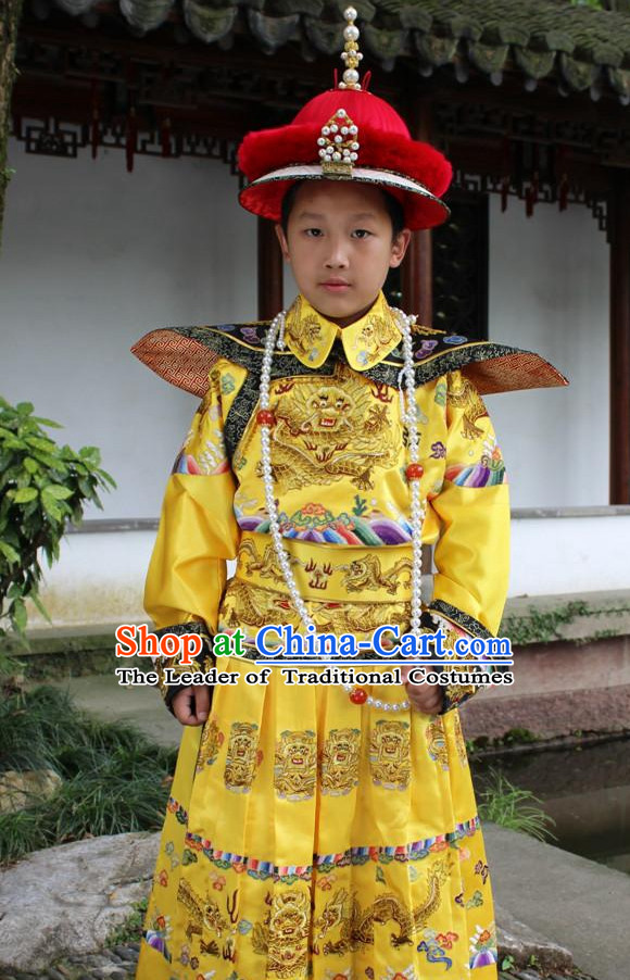 Qing Dynasty Chinese Emperor Embroidered Dragon Robe Hanfu Dresses Garment and Crown Complete Set for Boys Children Kids