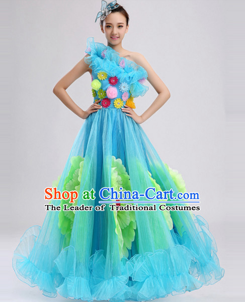 Blue Chinese Folk Peony Flower Dance Costumes and Headdress Complete Set for Women
