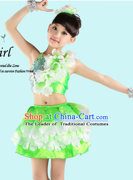 Green Chinese Peony Flower Dancing Costumes for Girls
