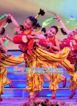 Chinese Stage Performance Drum Dance Costumes Complete Set for Kids