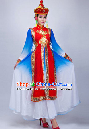 Chinese Ethnic Mongolian Dance Costumes Traditional Chinese Clothing Dress Dancewear Dance Clothes Outfits Dresses and Hat Complete Set for Women