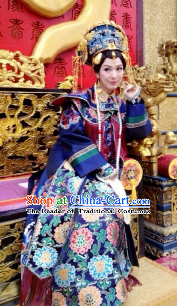Traditional Chinese Qing Dynasty Imperial Palace Queen Costumes and Hair Accessories Complete Set for Women Girls Kids Adults