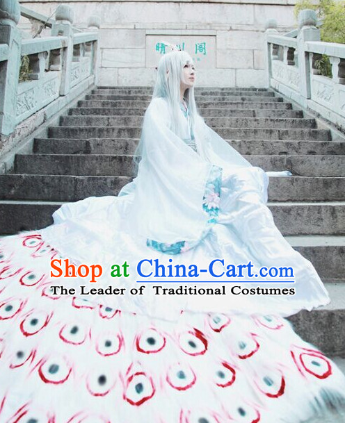 Chinese Men Traditional Royal Emperor White Peacock Dress Cheongsam Ancient Chinese Imperial Clothing Cultural Robes Complete Set