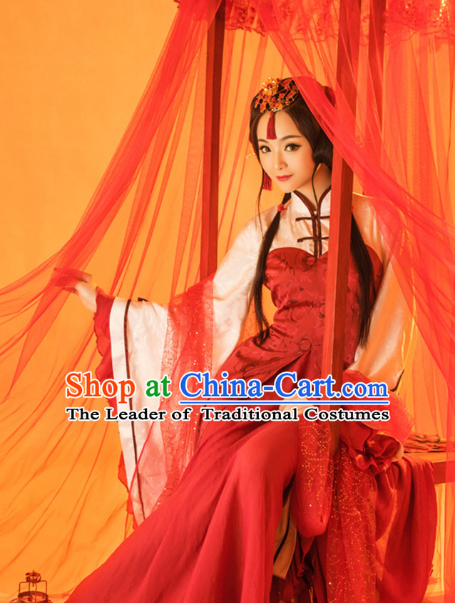 Ancient Chinese Bride Girls Lady Hanfu Dress Hanbok Kimono Cosplay Costume Traditional Dresses and Headpieces Complete Set