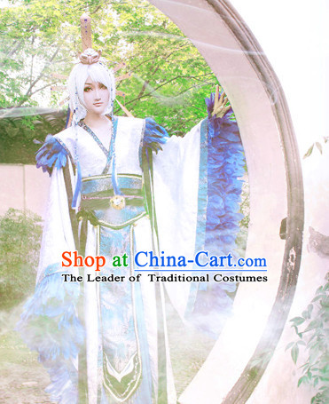 White Blue Ancient China Style Halloween Costumes High Quality Chinese National Costumes Complete Set for Men