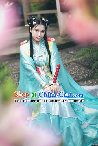 Top Blue Green Chinese Ancient Princess Hanfu Costumes Theater and Reenactment Costumes and Headgear Complete Set for Women