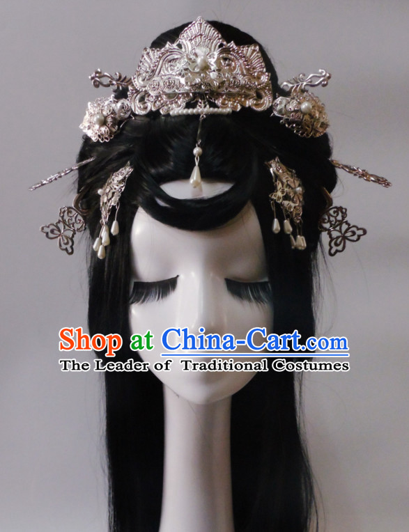 Silver Chinese Classical Fairy Long Wigs and Headwear Crowns Hats Headpiece Hair Accessories Jewelry Set
