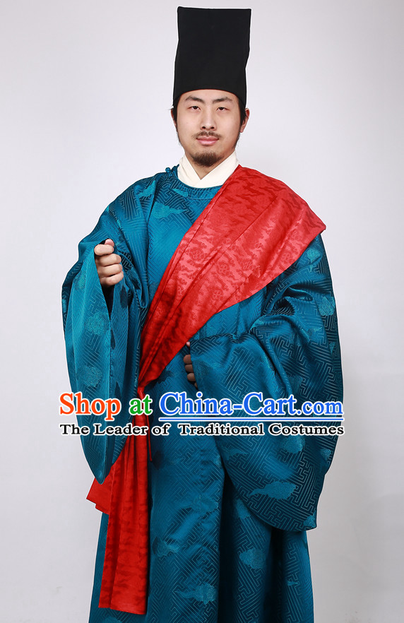 Chinese Scholar Ming Dynasty Han Fu Costumes Men Clothing Male Costume and Hat Complete Set