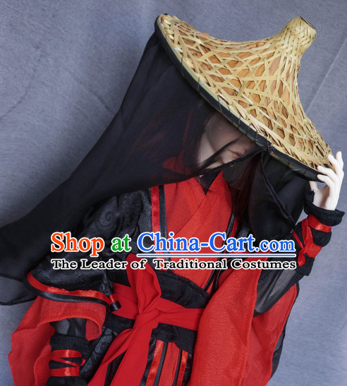 Ancient Chinese Swordsman Costumes and Bamboo Hat Veil Complete Set