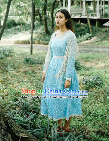 Traditional Classic Elegant Women Costume Lace One-Piece Dress, Restoring Ancient Princess Wave Point Long-Sleeved Lace Dress for Women