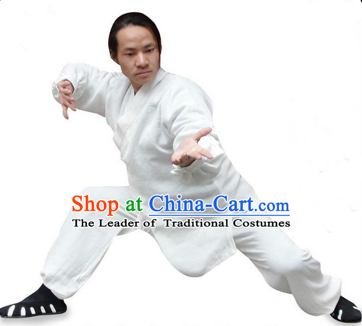 Traditional Chinese Wudang Uniform Taoist Uniform Thicken Linen Slant Opening Priest Frock Kungfu Kung Fu Clothing Clothes Pants Slant Opening Shirt Supplies Wu Gong Outfits, Chinese Tang Suit Wushu Clothing Tai Chi Suits Uniforms for Men
