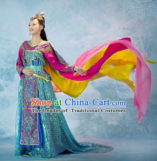 Traditional Chinese Minority Nationality Costumes Ancient Imperial Princess Wedding Costumes, Ancient Chinese Cosplay Queen Princess Costume and Hair Accessories Complete Set for Women