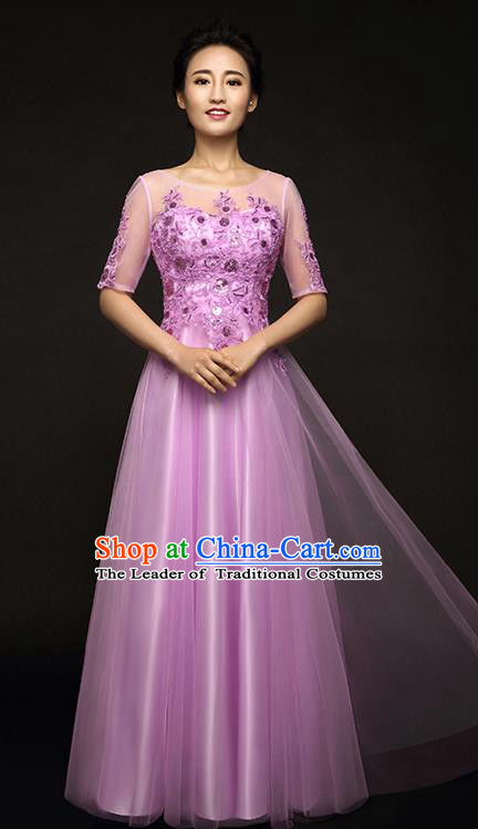 Traditional Chinese Classic Stage Performance Chorus Singing Group Lace Dress Modern Waltz Dance Costumes, Chorus Competition Costume, Compere Costumes for Women