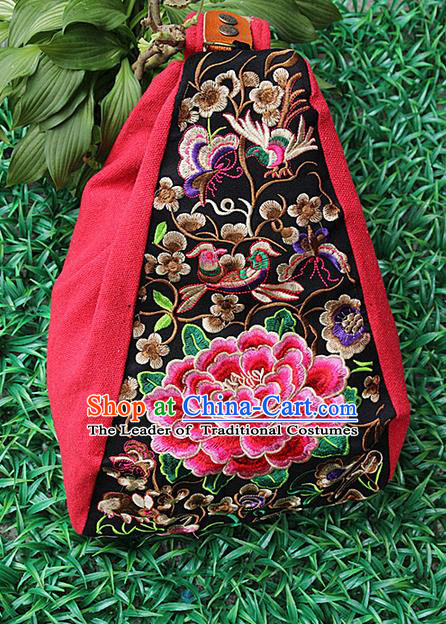 Traditional Chinese Miao Nationality Palace Handmade Single-Sided Embroidery Peony Backpack Hmong Handmade Embroidery Canvas Shoulders Bags for Women