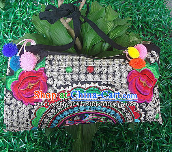 Traditional Chinese Miao Nationality Palace Handmade Double-Sided Embroidery Peony Handbag Hmong Handmade Embroidery Canvas Messenger Bags for Women
