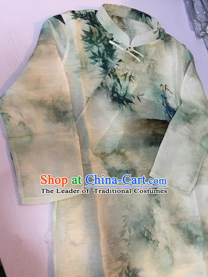 Traditional Classic Women Costumes, Traditional Classic Silk Linen Chinese Ink Painting Style Jade Buckle Cheongsam, Traditinal China Qipao